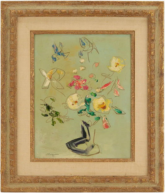 Framed Sterling Strauser oil on board still life of multicolored flowers against a green background, signed and dated 1974