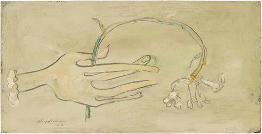 Sterling Strauser oil on board painting depicting a hand holding a flower, signed and dated 1982