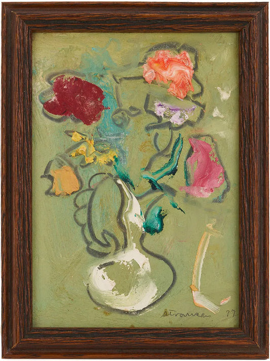 Framed Sterling Strauser oil on board painting of a small vase of flowers, signed and dated 1977