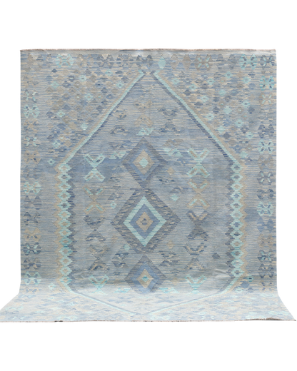 Handwoven Kilim Rug in Blue & Gray Geometric Design