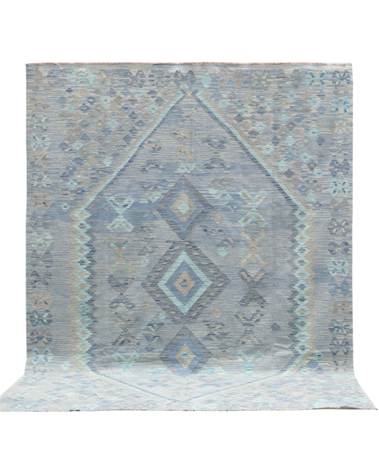 Handwoven Kilim Rug in Blue & Gray Geometric Design