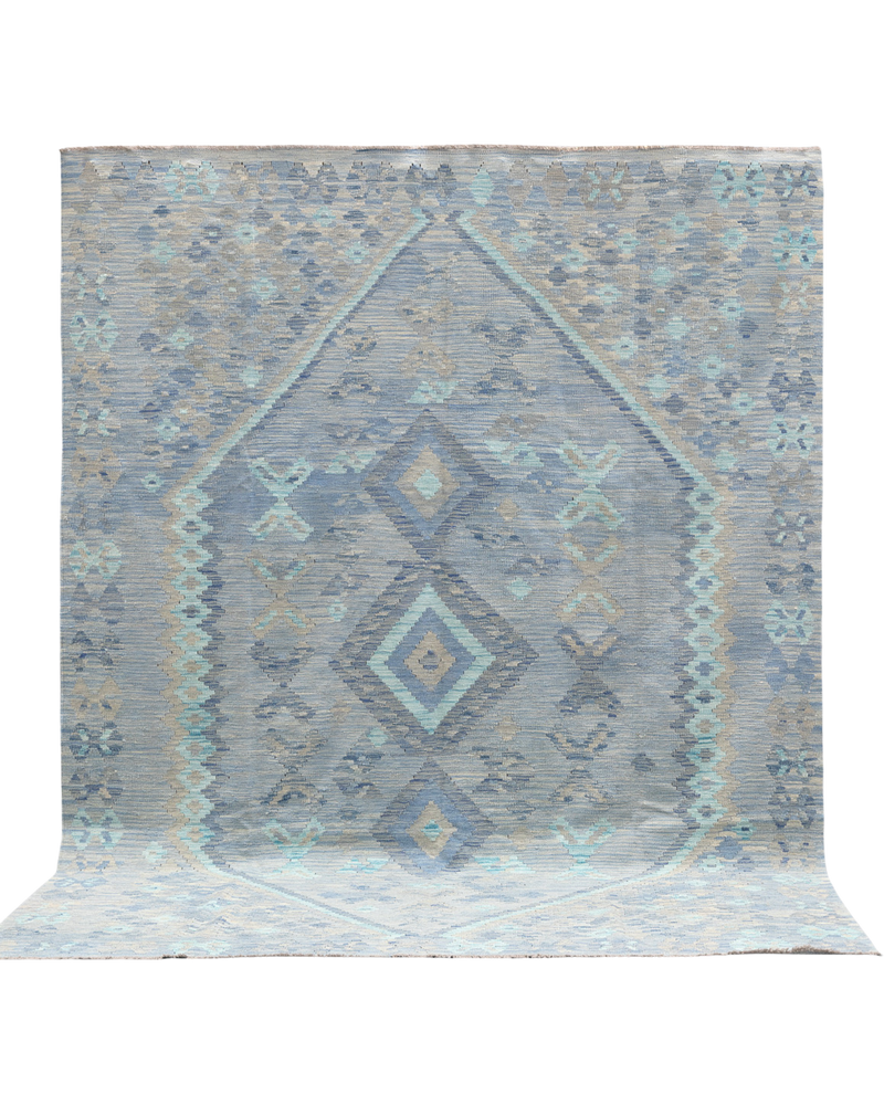 Handwoven Kilim Rug in Blue & Gray Geometric Design