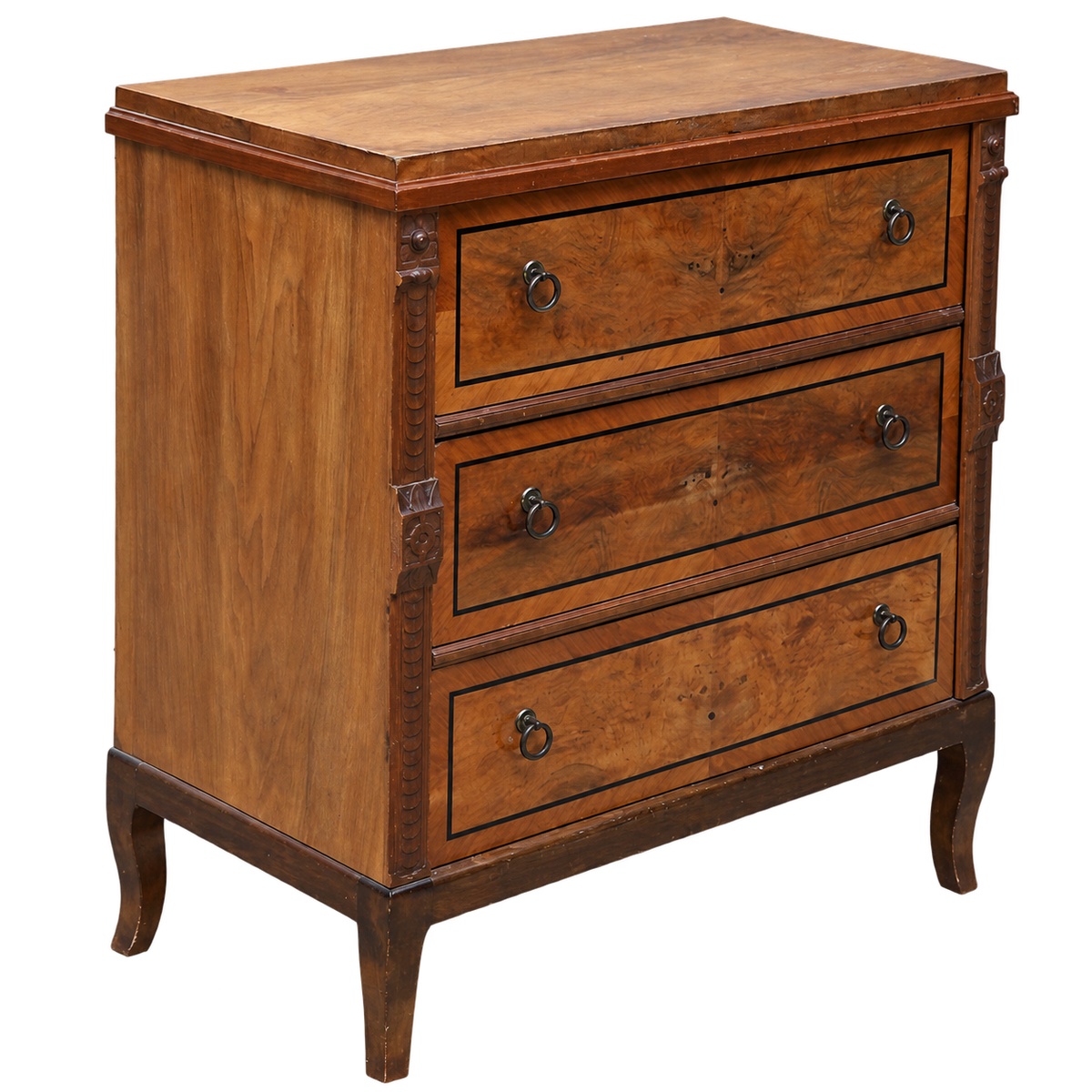Walnut veneered three-drawer chest with ebonized details, isolated product view