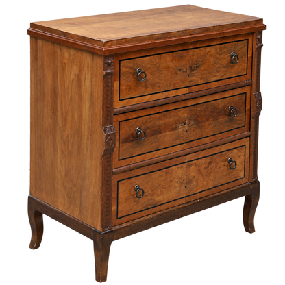 Walnut veneered three-drawer chest with ebonized details, isolated product view